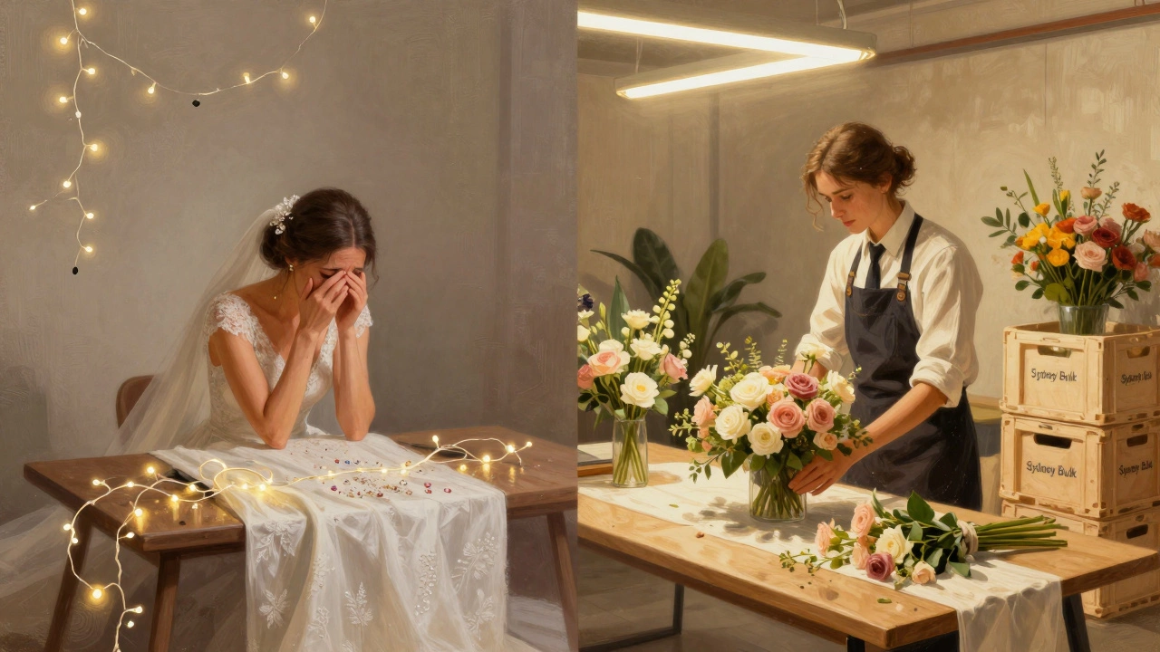 Split image contrasting a stressed bride with messy crafts against a calm professional florist arranging perfect flowers.