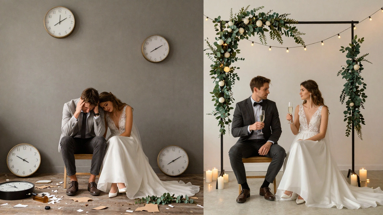 Split image: left side shows chaotic DIY wedding prep, right side shows calm professional decor under soft lights.