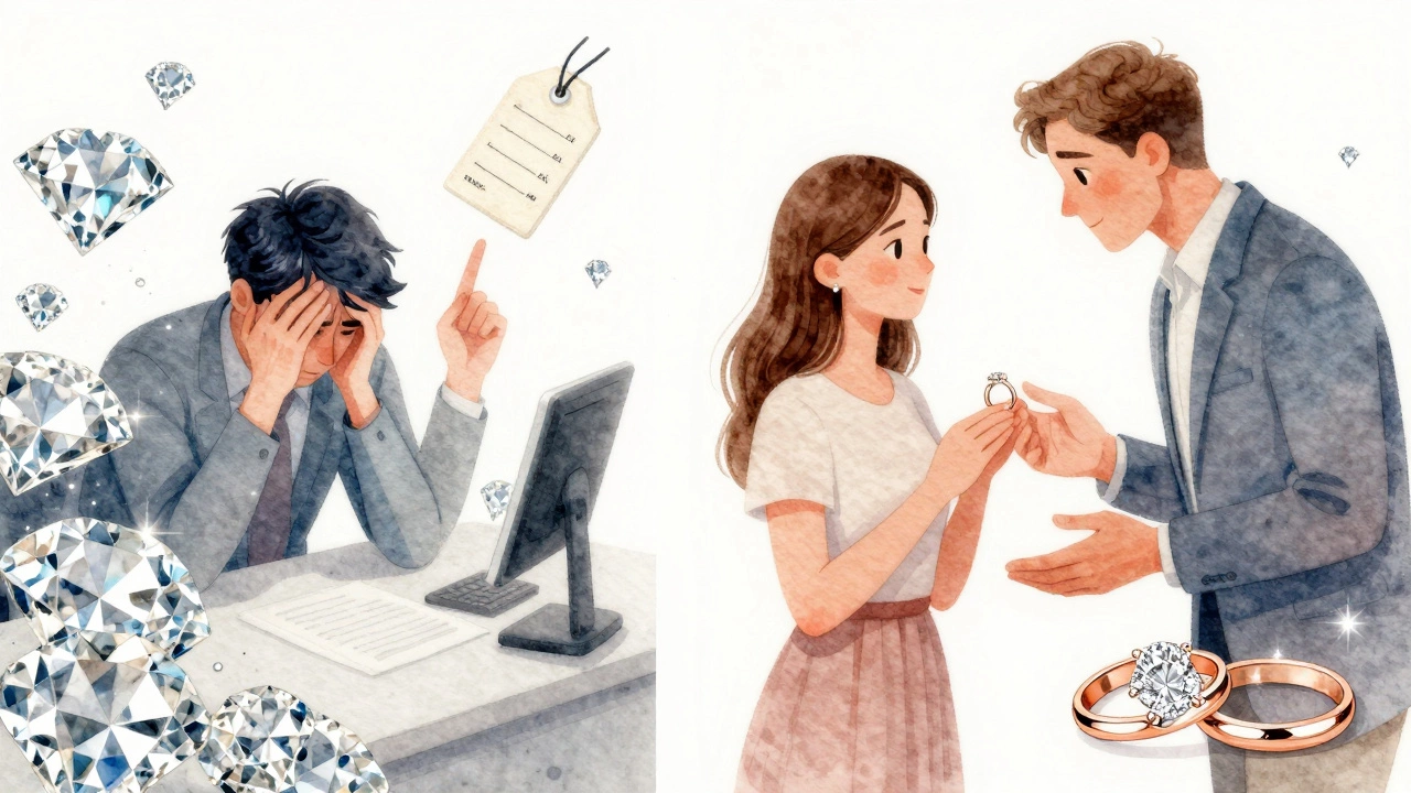 Two contrasting paths in a jewelry store: one overwhelmed by expensive diamonds, the other calm with thoughtful alternatives.