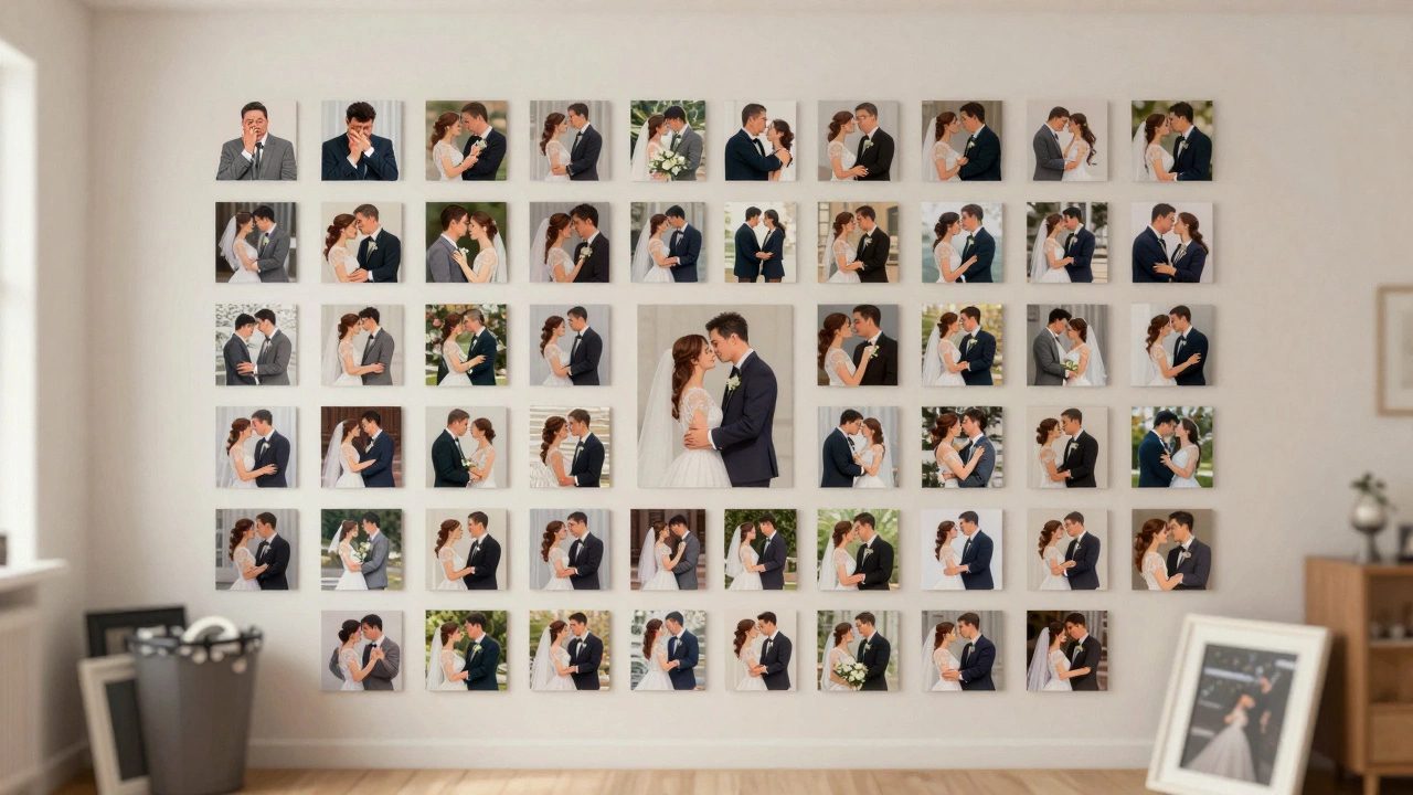 Wall of 400-800 curated wedding photos displayed in a home, with discarded shots in a bin.