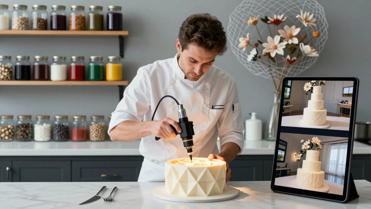 A cake designer uses a 3D food printer to create an edible mold for a modern geometric wedding cake.