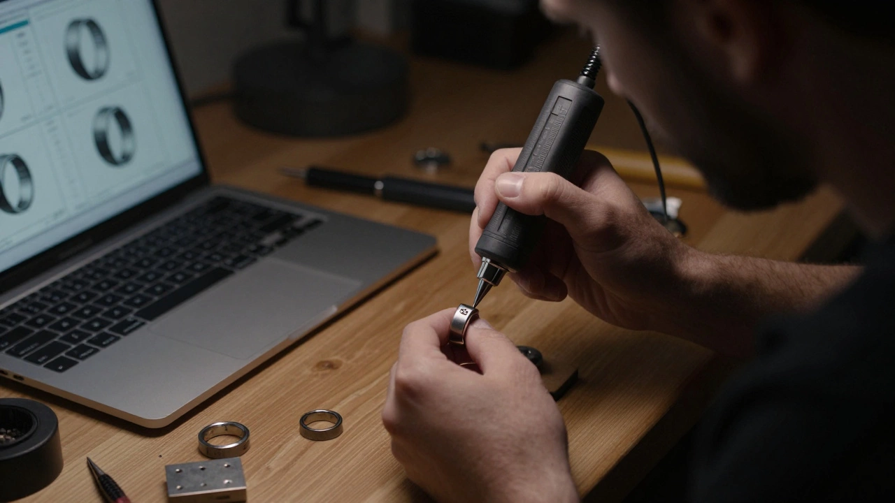A man carefully engraving a paw print into a titanium wedding band using a laser tool.