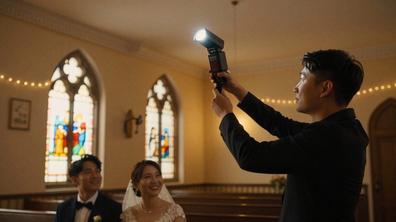 A photographer bouncing flash off a ceiling to avoid red-eye, while a couple is illuminated by soft ambient chapel lighting.