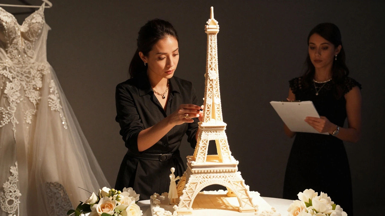 A sculpted wedding cake shaped like the Eiffel Tower stands beside wedding decor, illuminated under spotlight.
