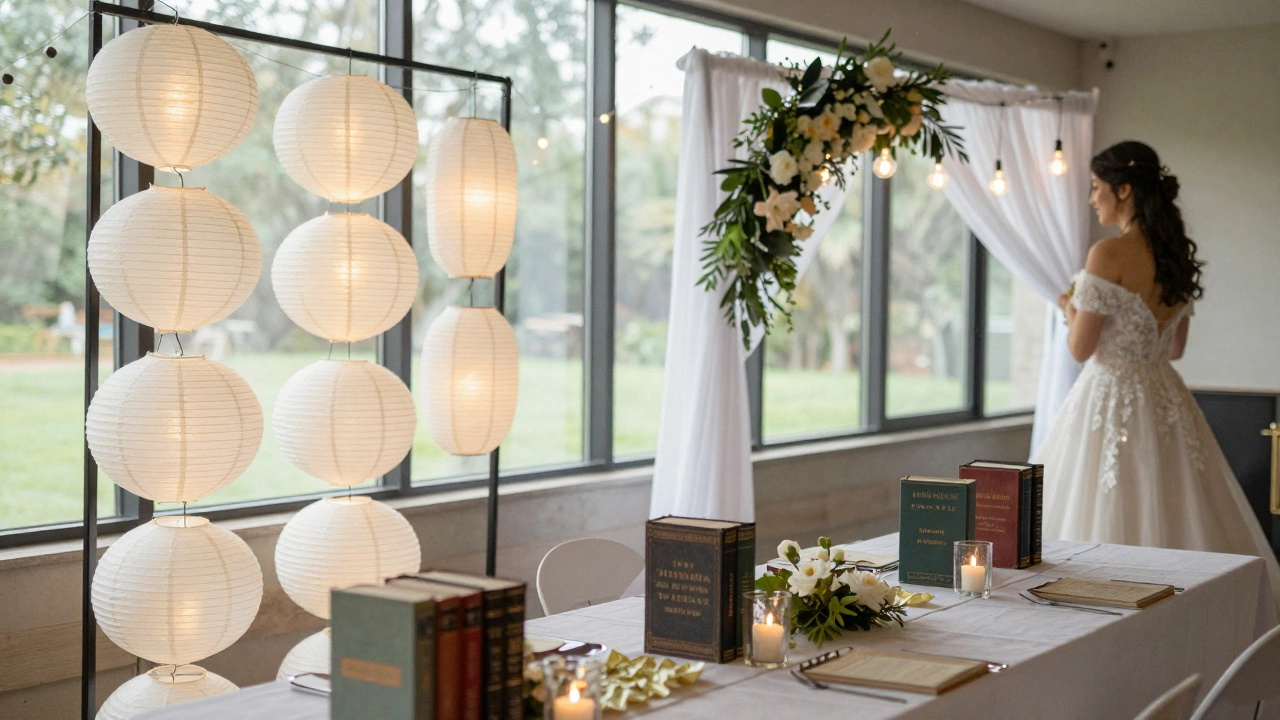 A wedding with handmade paper lanterns beside a professionally installed arch, blending DIY and expert decor.