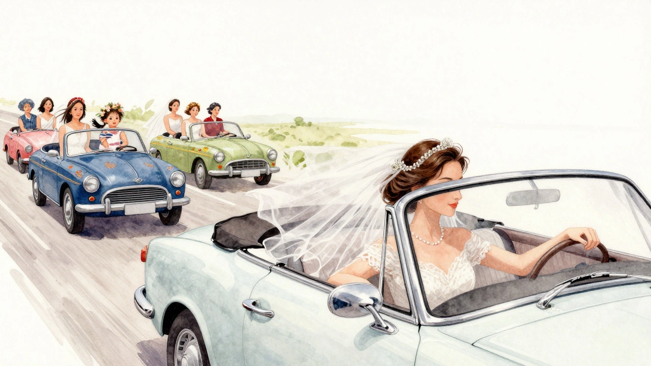 Bride alone in a convertible with wind blowing her veil, followed by cars carrying loved ones under a soft twilight sky.