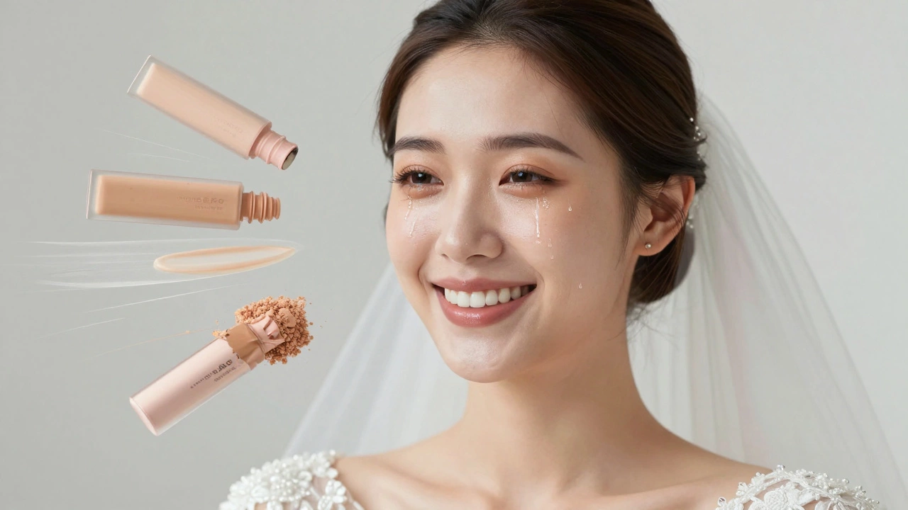 Bride with perfect makeup as a tear falls without smudging, symbolizing long-lasting wedding makeup.