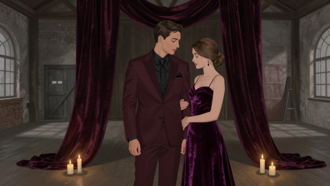 Burgundy-suited groom beside bride in plum velvet dress at a winter warehouse wedding.