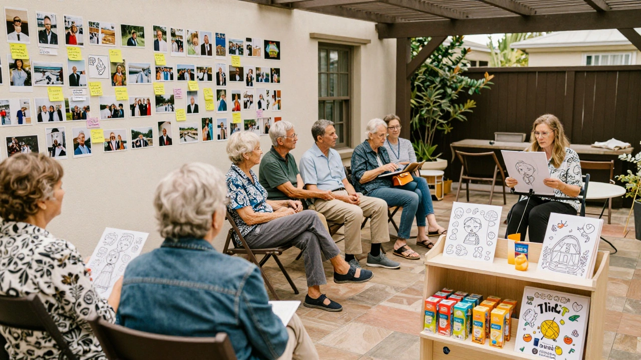 Children coloring at a wedding gap corner while elderly guests read heartfelt notes on a memory wall.