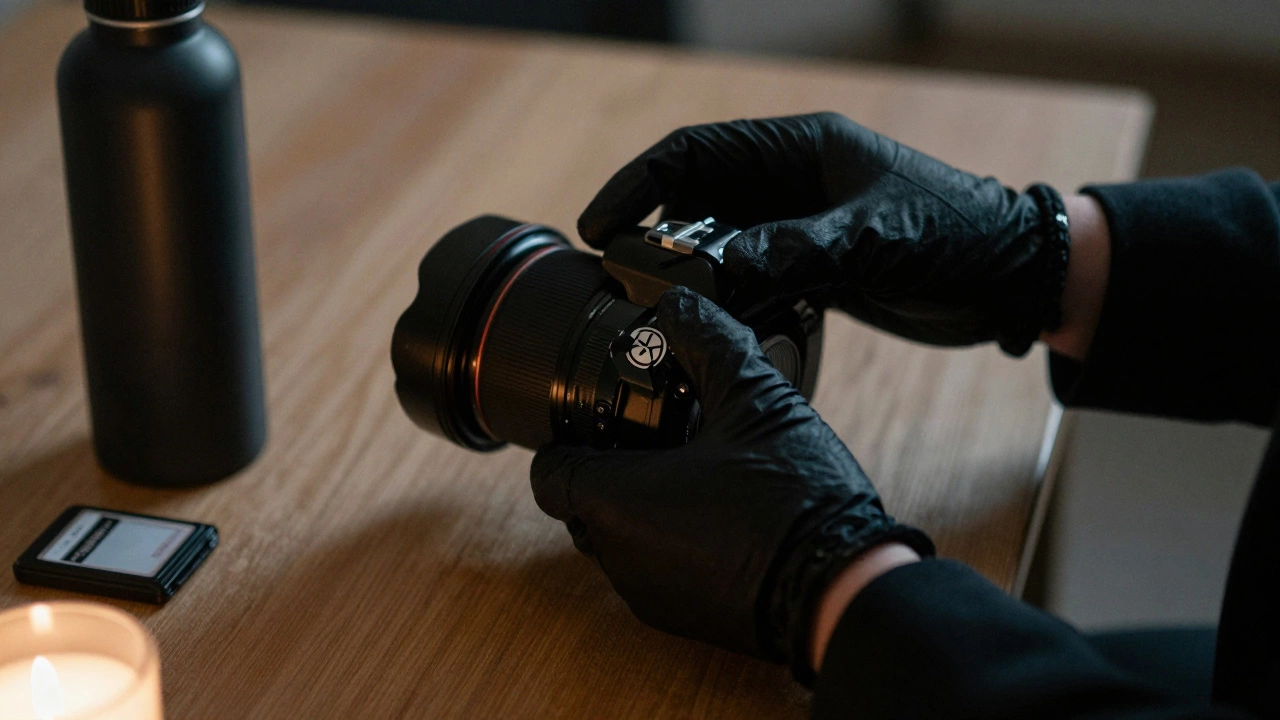 Close-up of a photographer's hands adjusting a lens with black tape covering logos, surrounded by dark gear in low light.