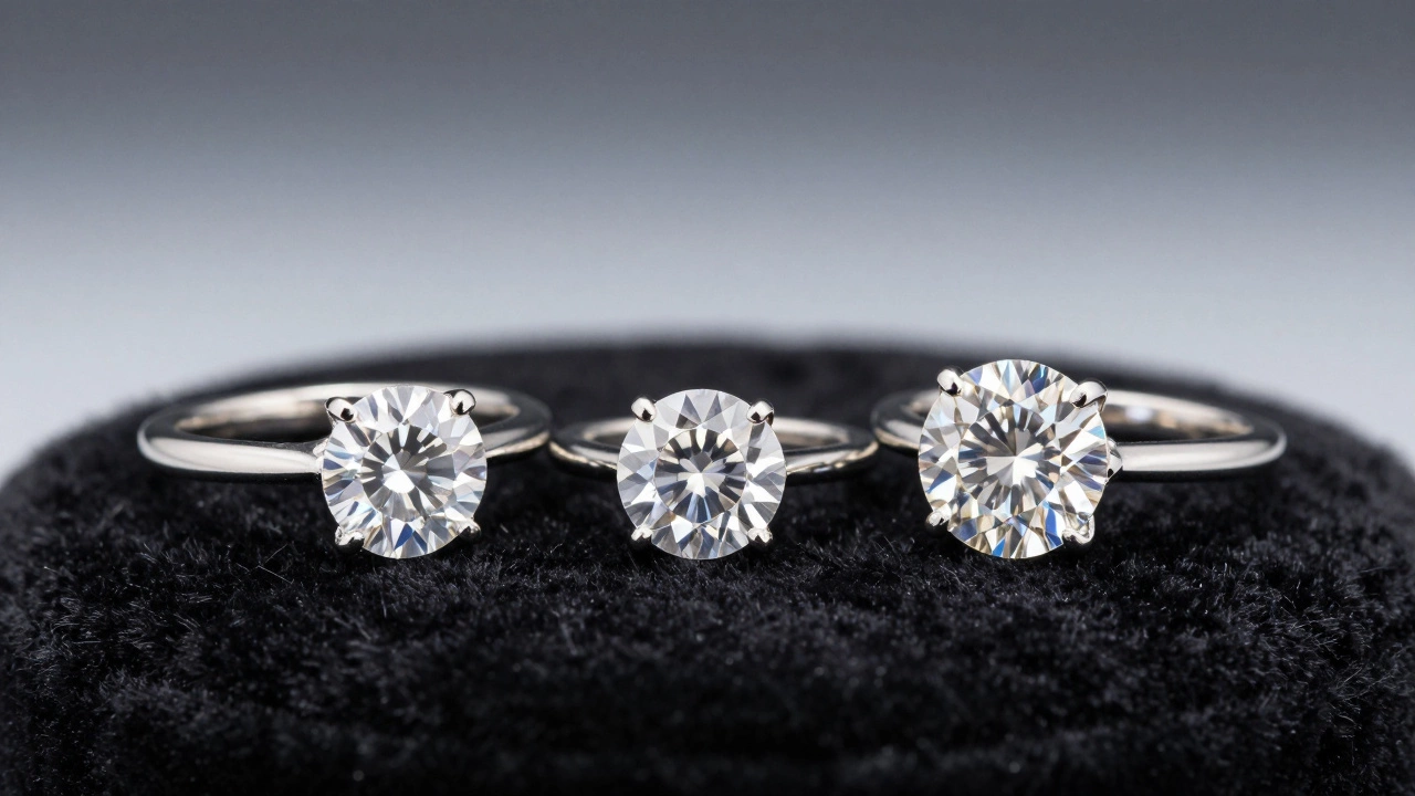 Close-up of three engagement ring styles on black velvet