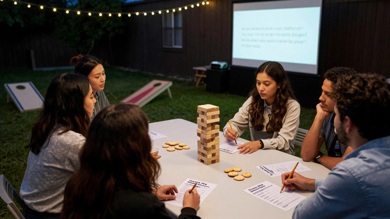Guests playing lawn games and participating in a wedding trivia quiz at a transition area between events.