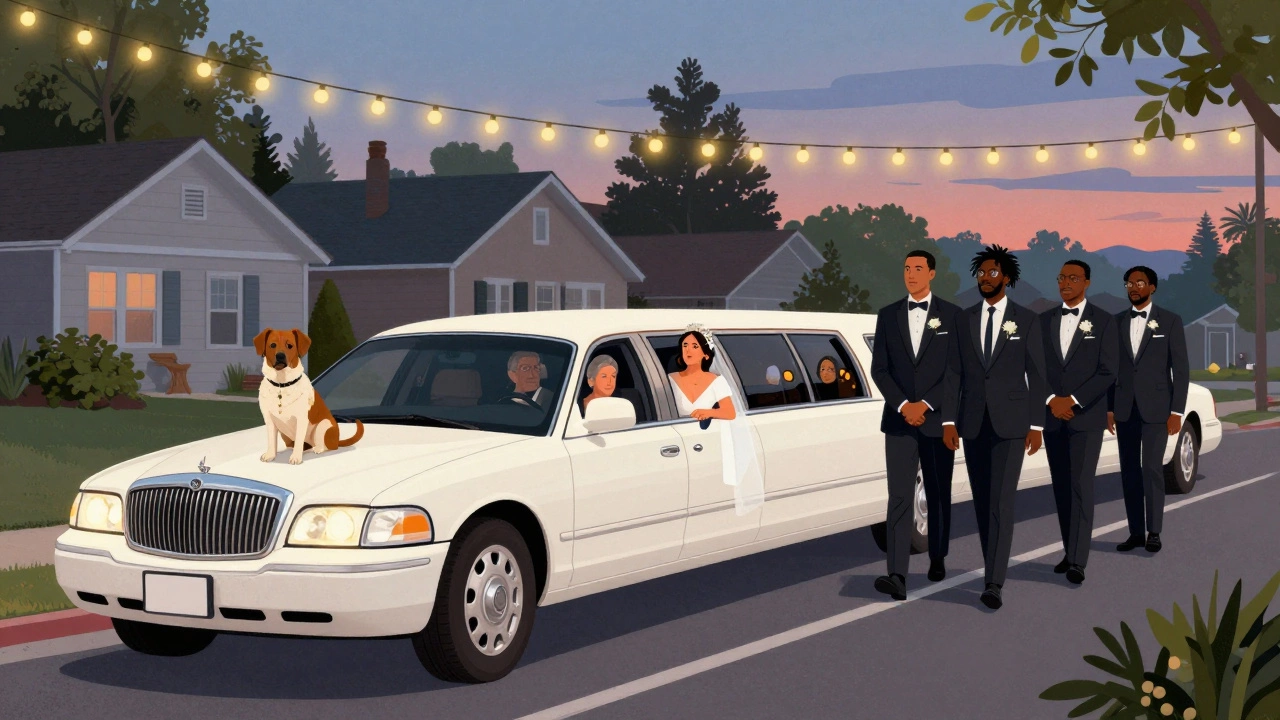 Multicultural wedding procession with a limo carrying the bride's parents and a dog in the front, plus a separate car for the groom's party.