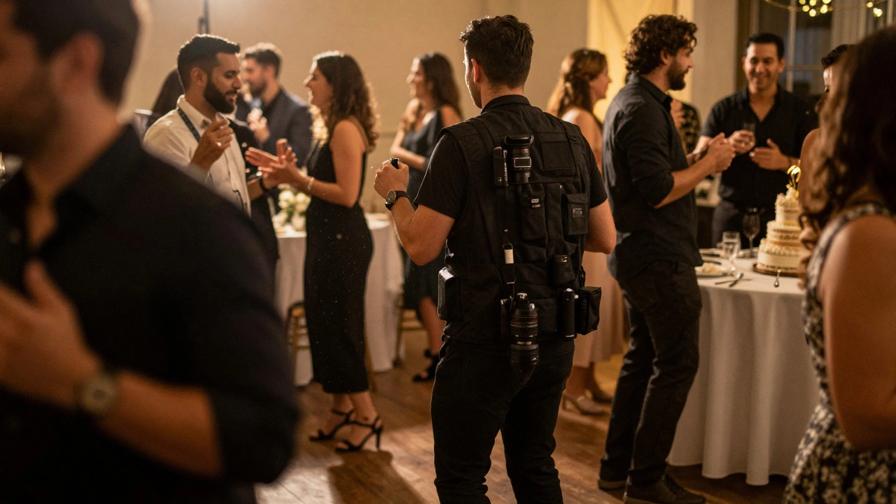 Photographer in black technical vest moving through a reception, blending into the crowd under soft golden lights.
