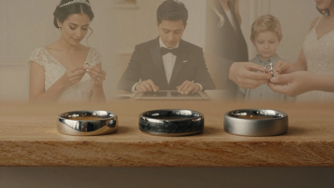 Three distinct wedding rings on a wooden shelf, representing modern, vintage, and personalized choices.