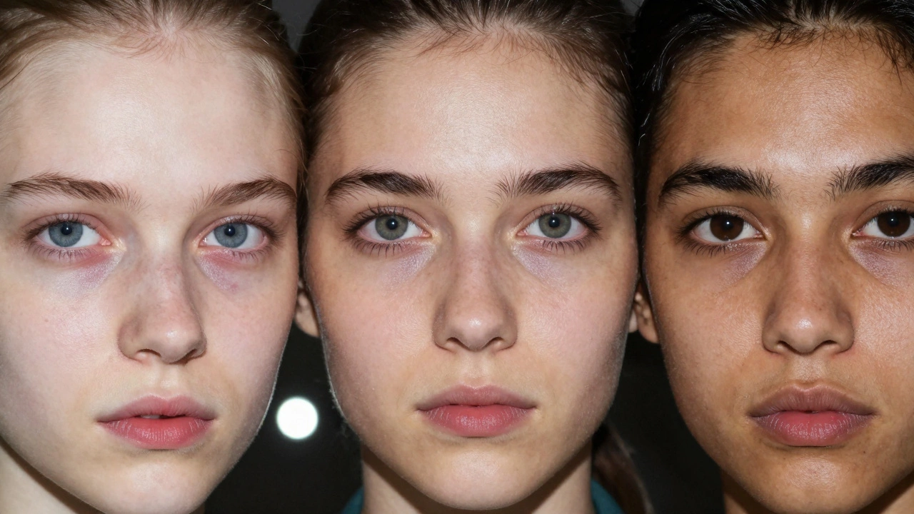 Three faces side by side showing varying degrees of red-eye, highlighting how light-colored eyes reflect more flash than dark-colored ones.