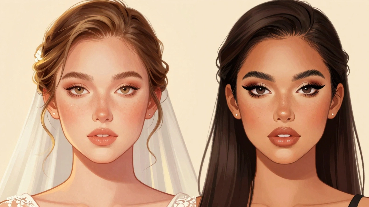 Two faces side by side showing bridal makeup versus signature everyday makeup under warm lighting.