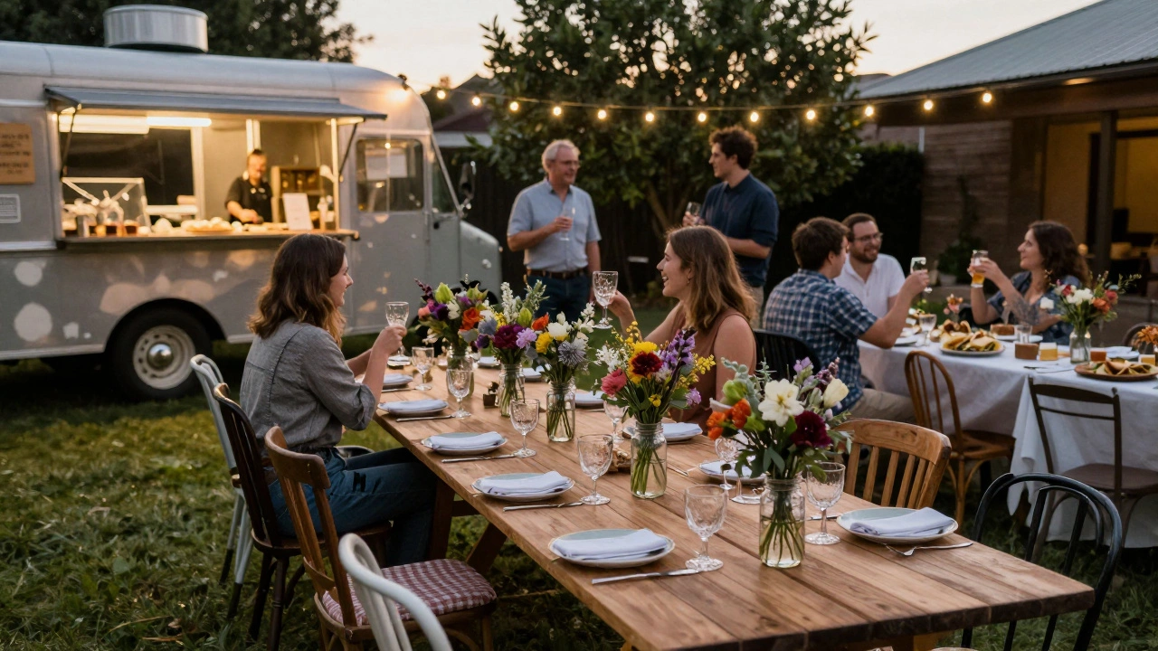 A backyard wedding with food trucks, mason jar flowers, and guests enjoying a casual reception.