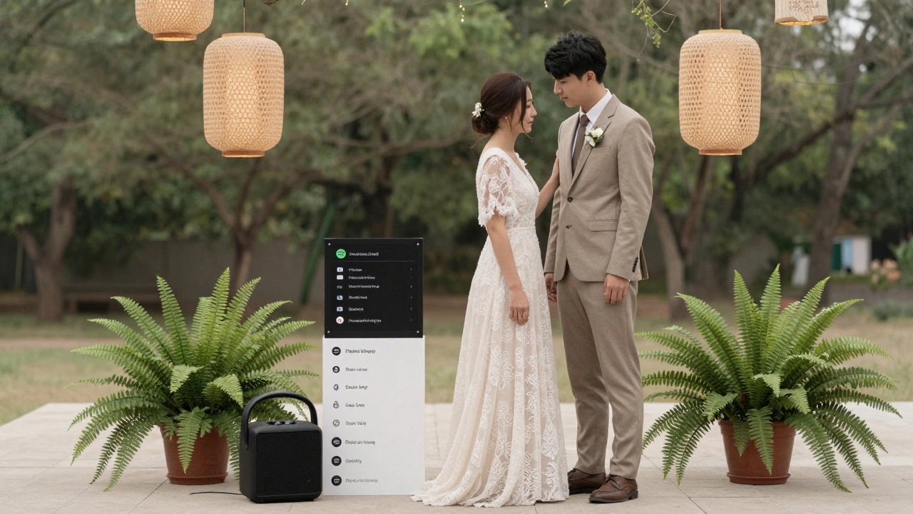 A bride and groom with a Spotify speaker and simple potted plants, focusing on heartfelt simplicity.