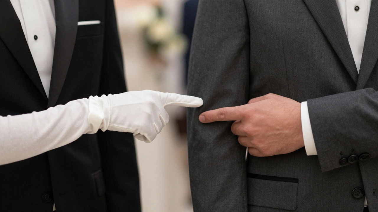 A groom's hand chooses a modern suit over a traditional tuxedo, while a bride's gloved hand points nearby.