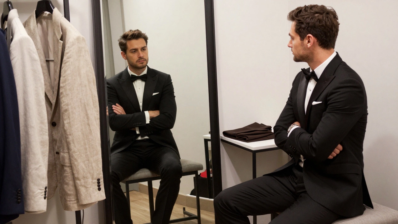 A groom looks uncomfortable in a tight tuxedo, with three alternative suit options laid out on a table.