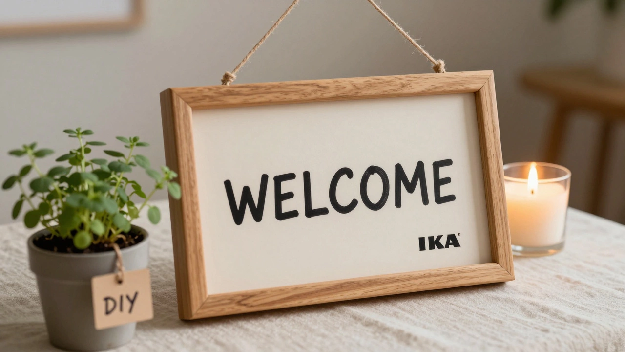 A handwritten welcome sign in a wooden frame beside a potted herb, glowing in soft candlelight.