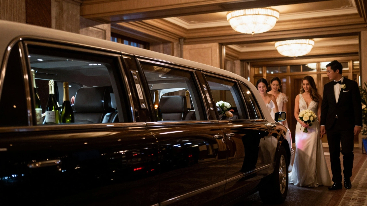 A luxury stretch limousine arriving at a ballroom entrance with bridal party stepping out.