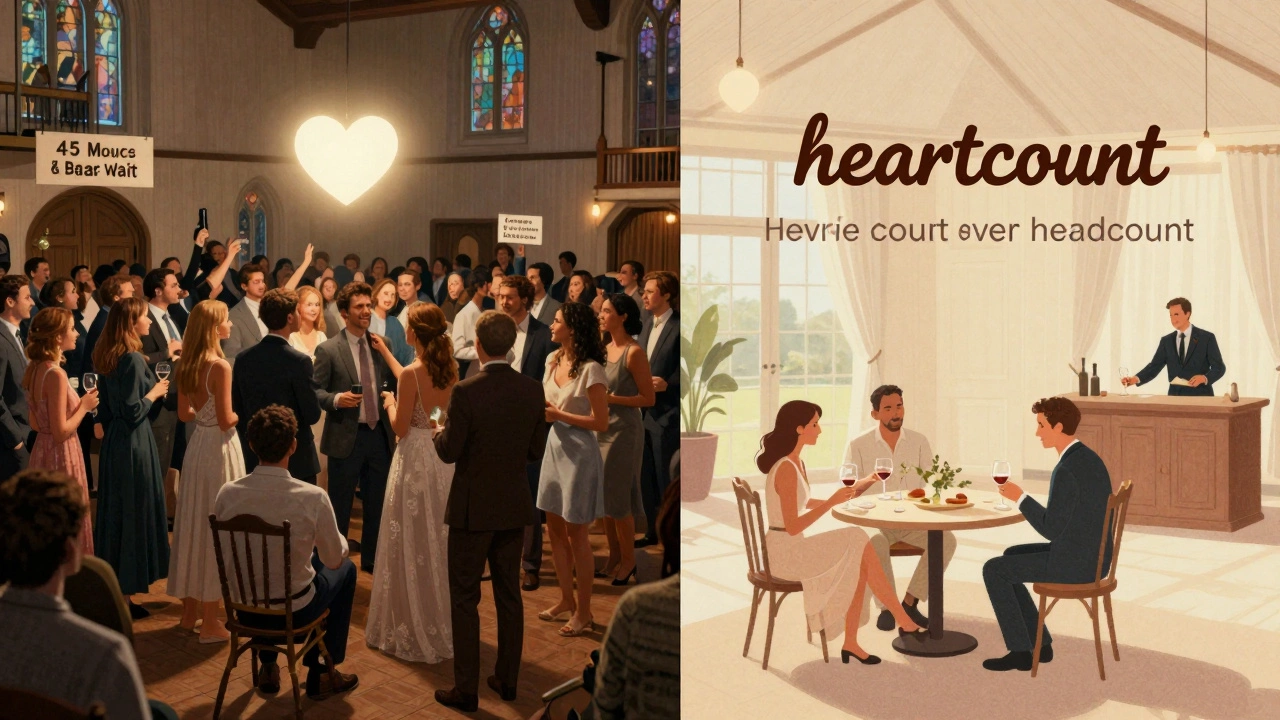 A side-by-side comparison of a chaotic overfilled wedding venue versus a calm, spacious intimate celebration.