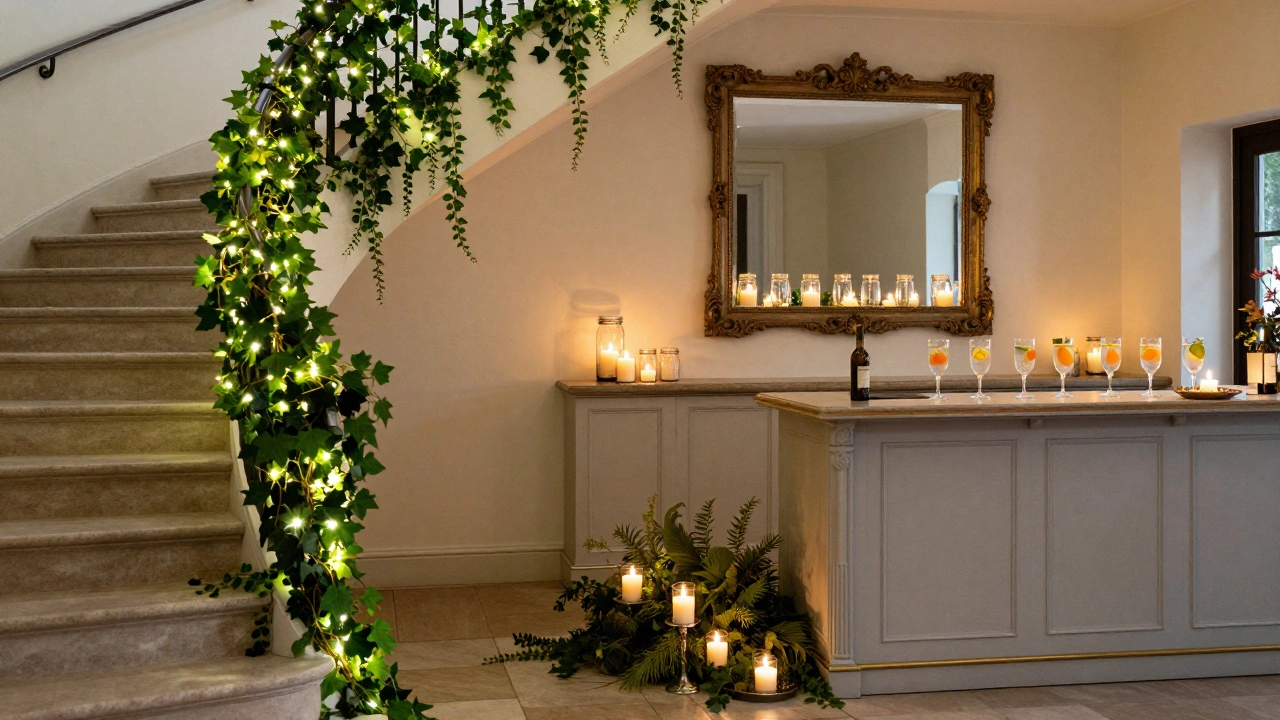 A staircase wrapped in twinkling lights and ivy, reflecting warm candlelight from a mirror.