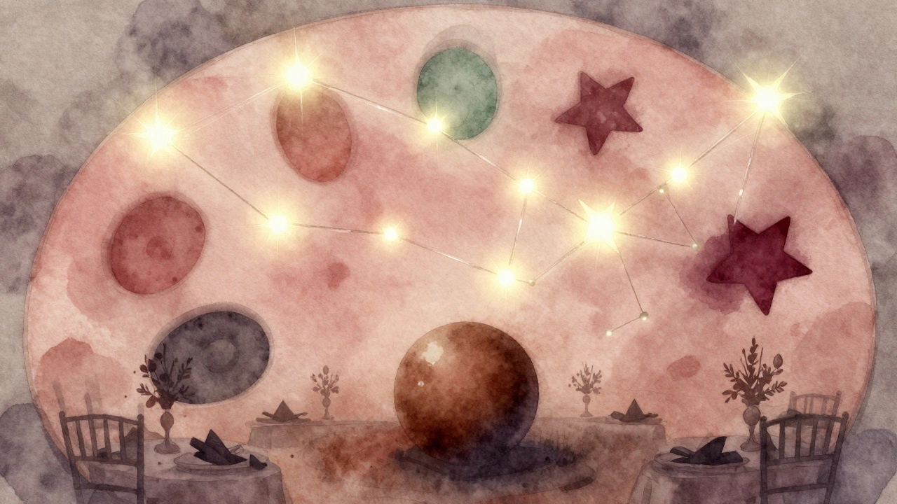 A watercolor wedding palette where glowing pastel stars shine above a sinking brown orb, symbolizing its exclusion.