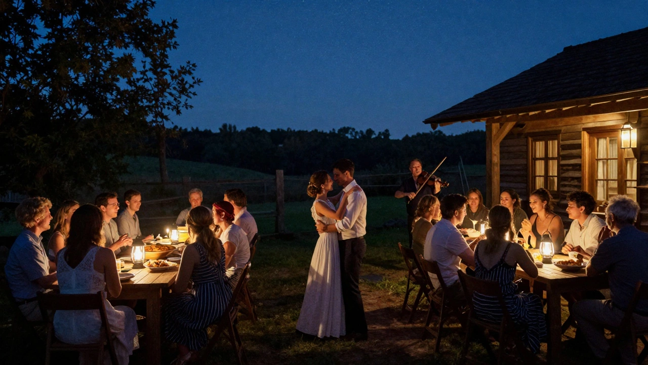 An intimate wedding with 48 guests sharing food and dancing under the stars in a cozy rustic cabin.