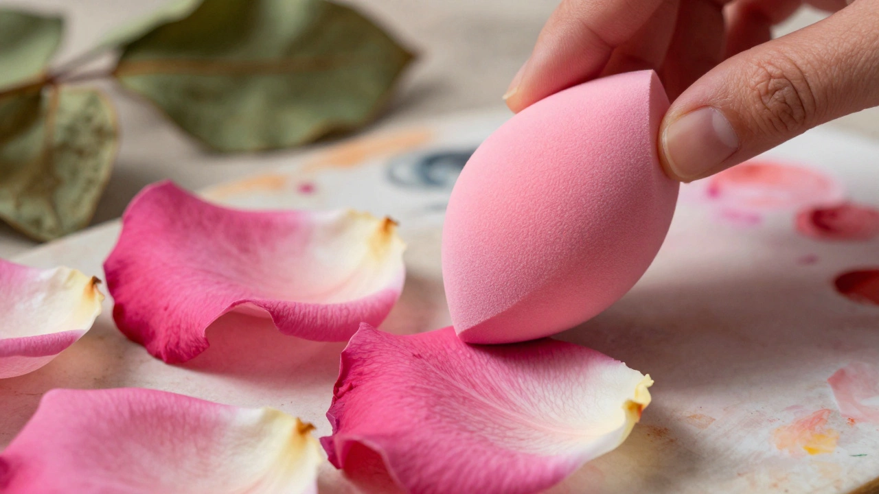 Close-up of a sponge applying paint gradient to synthetic rose petals