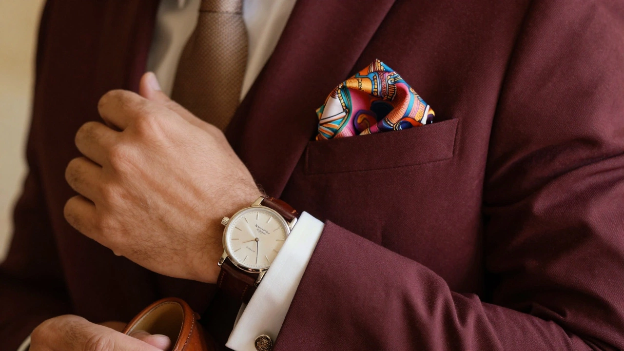 Close-up of groom accessories including pocket square