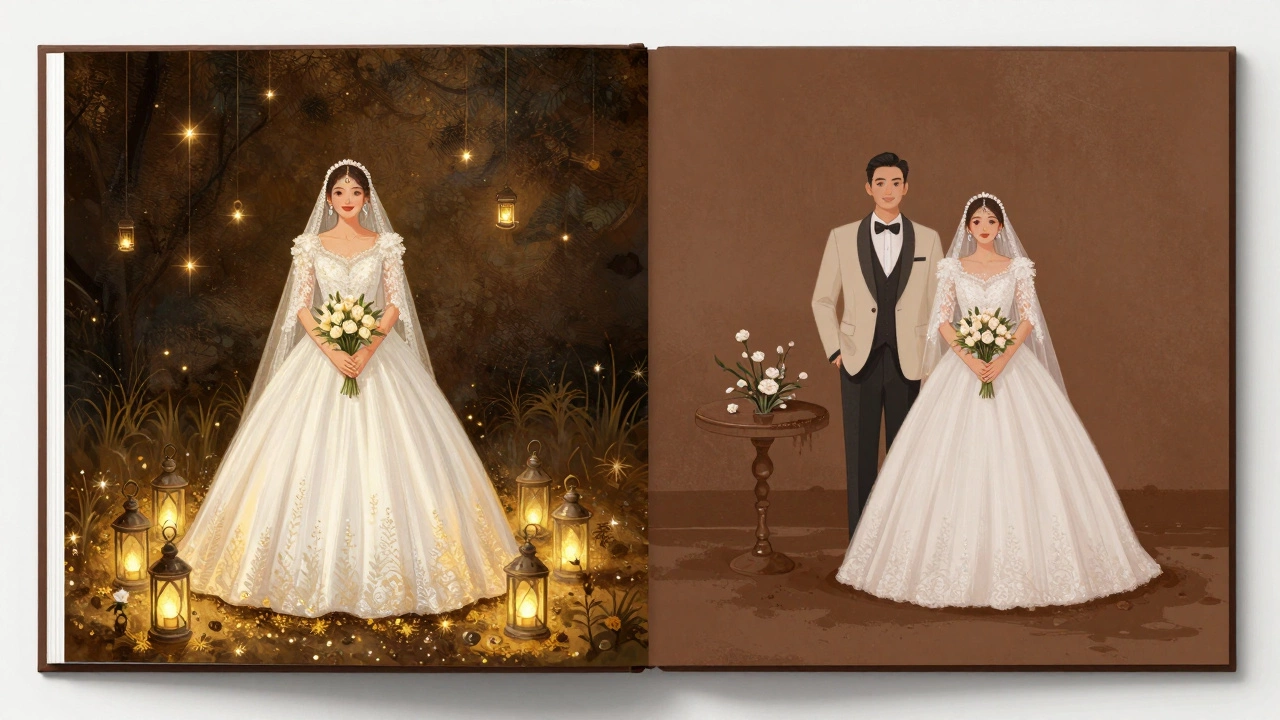 Contrasting wedding photos: one radiant with golden light, the other flat and dull against a brown backdrop.
