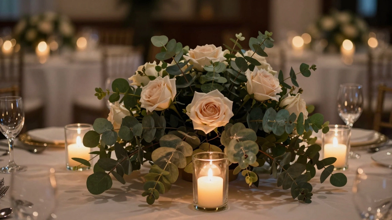 Elegant floral centerpiece with candles on an event reception table