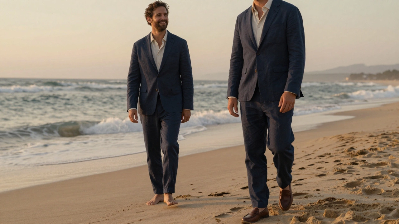 Father in linen suit and loafers walking barefoot on a beach at sunset with his groom son.