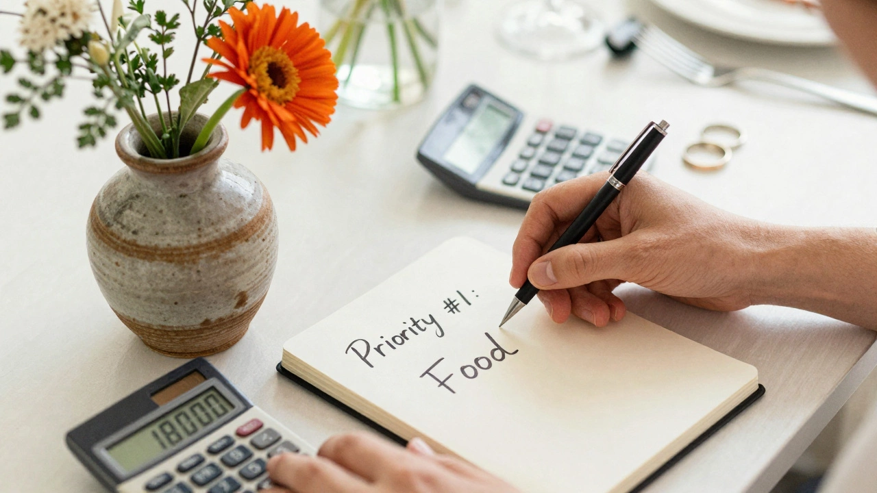 Hands placing a native flower beside a notebook marked 'Priority #1: Food' with budget numbers visible.