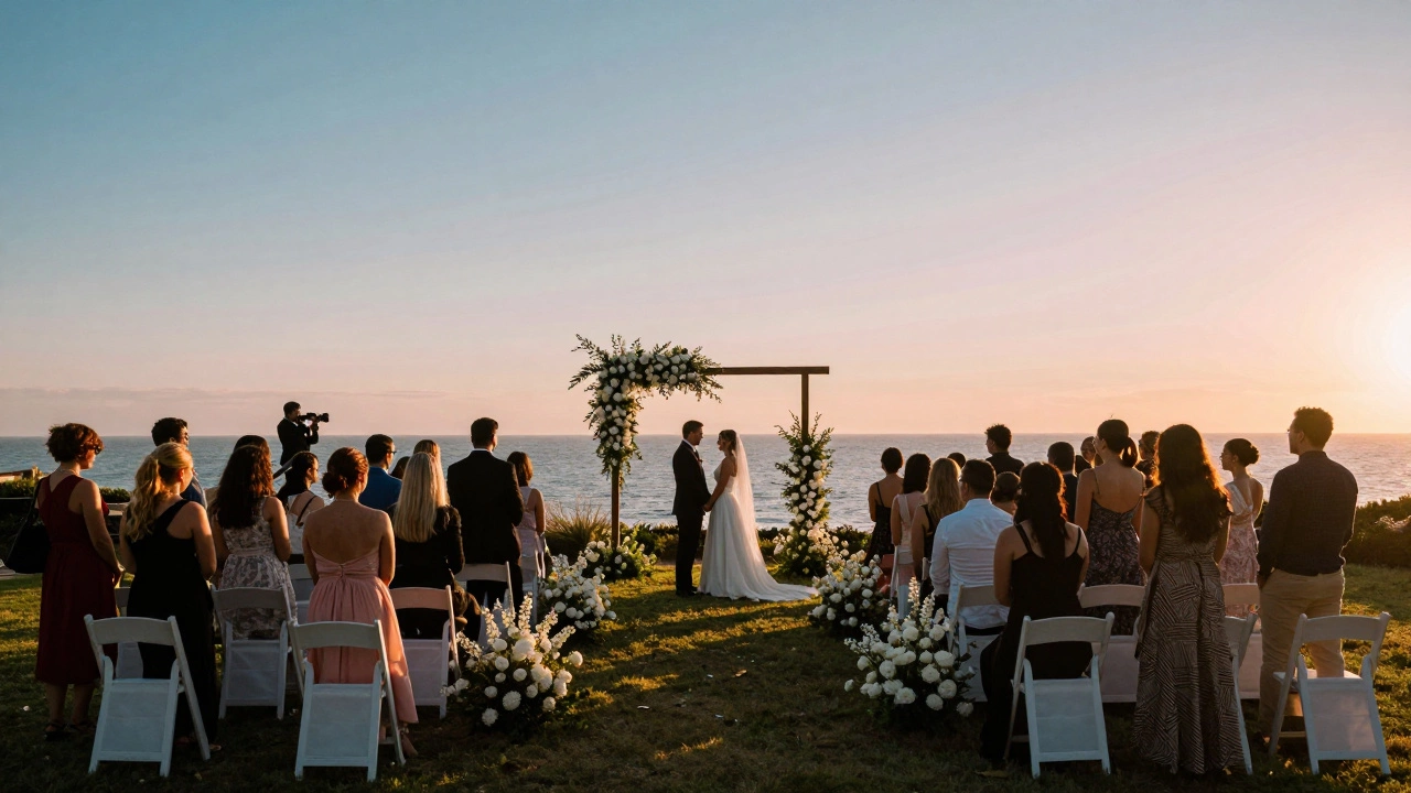 Outdoor ceremony setup at golden hour with guests gathering near floral arch