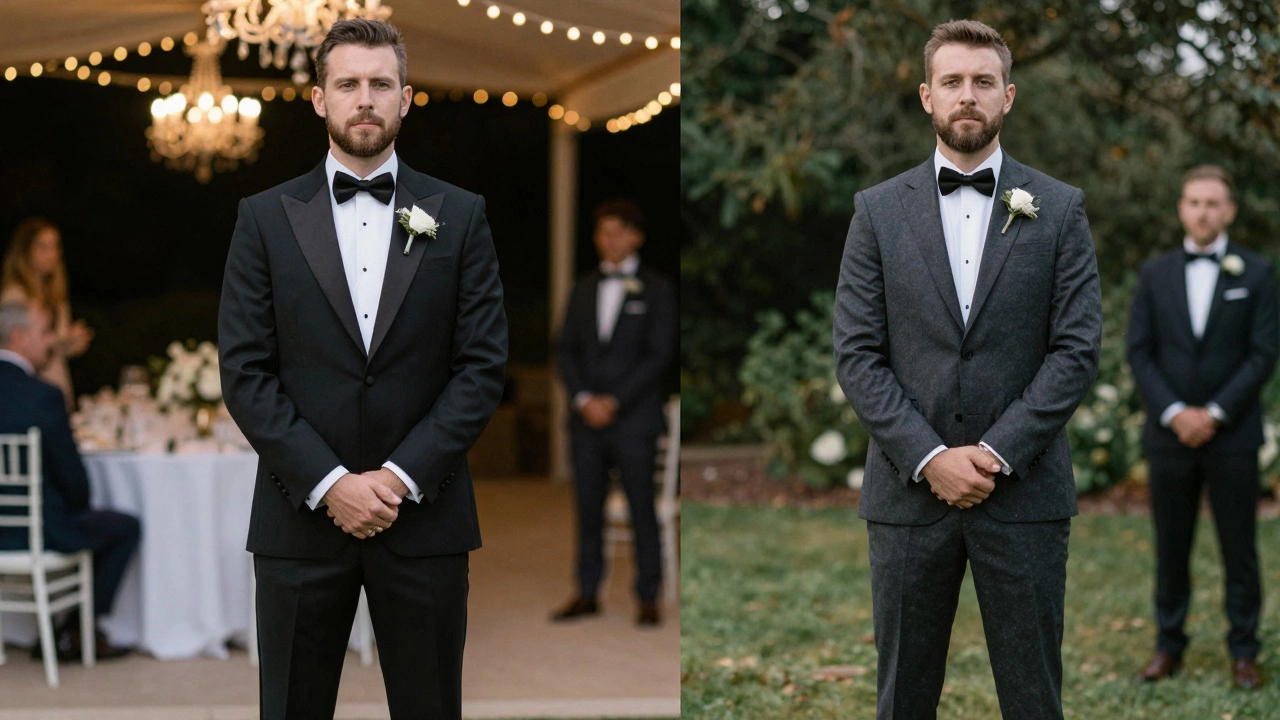 Two fathers at different weddings: one in tuxedo at evening event, other in blazer at casual outdoor ceremony.