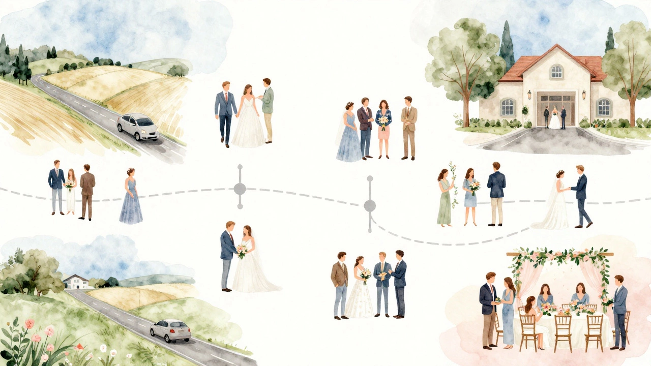 Watercolor illustration showing wedding day timeline with guests and events