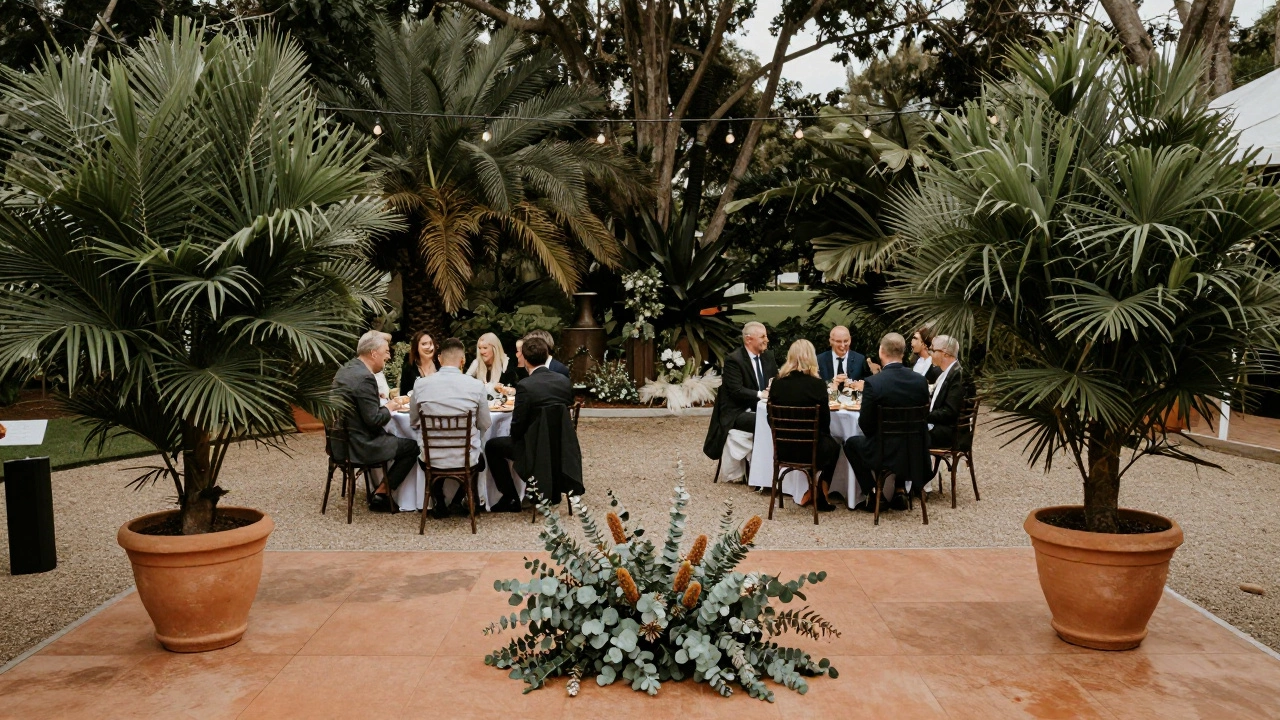 Wedding reception with simple potted plants and string lights, guests enjoying food under natural light.