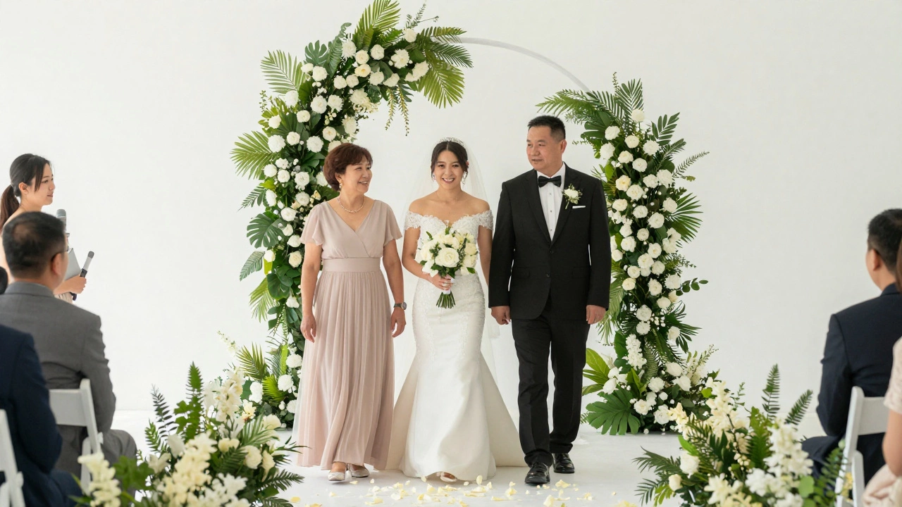 A bride being escorted down the aisle by both her mother and father.