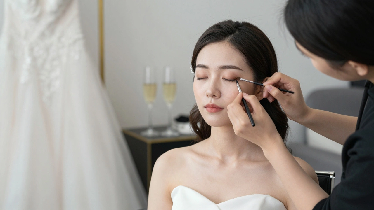 A bride relaxing while a professional makeup artist applies finishing touches