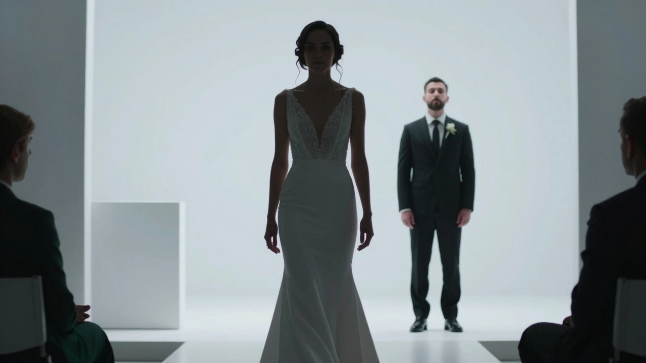 A confident bride walking alone down a modern aisle toward her groom.