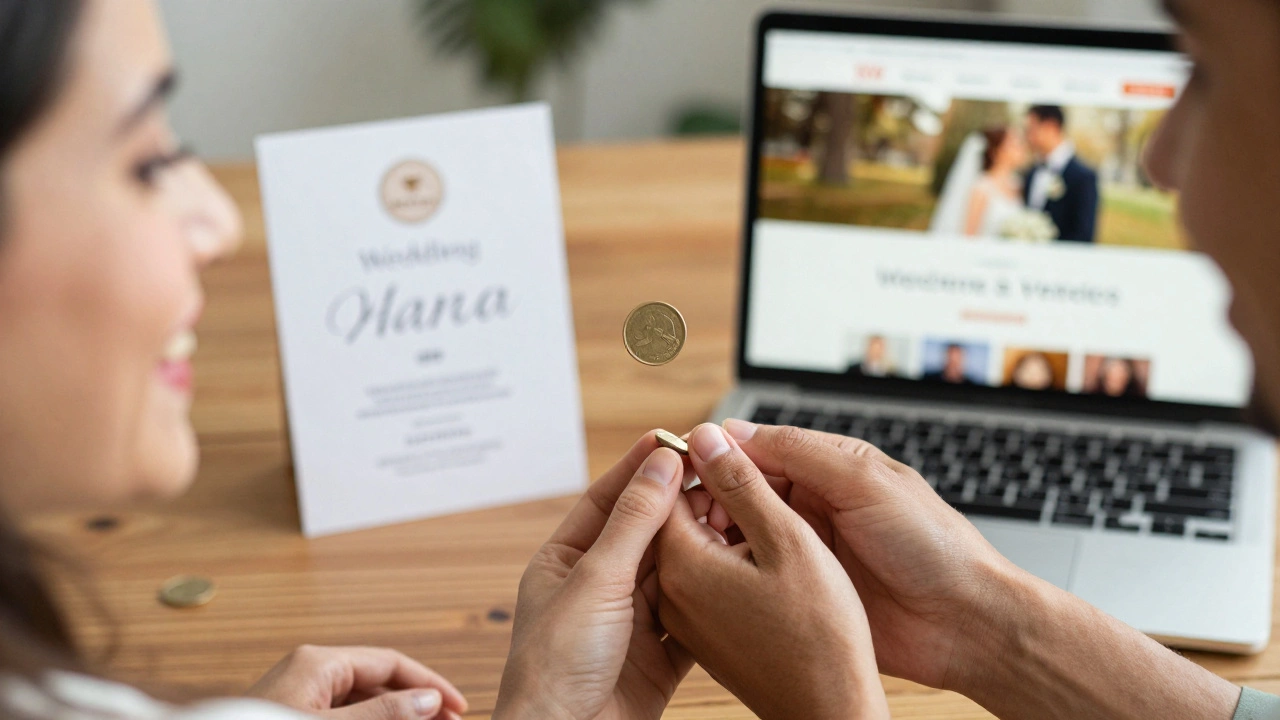A couple flipping a coin to decide the name order for their wedding invitations