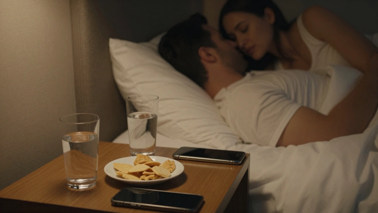 A couple whispering to each other in bed with water and snacks on the nightstand.