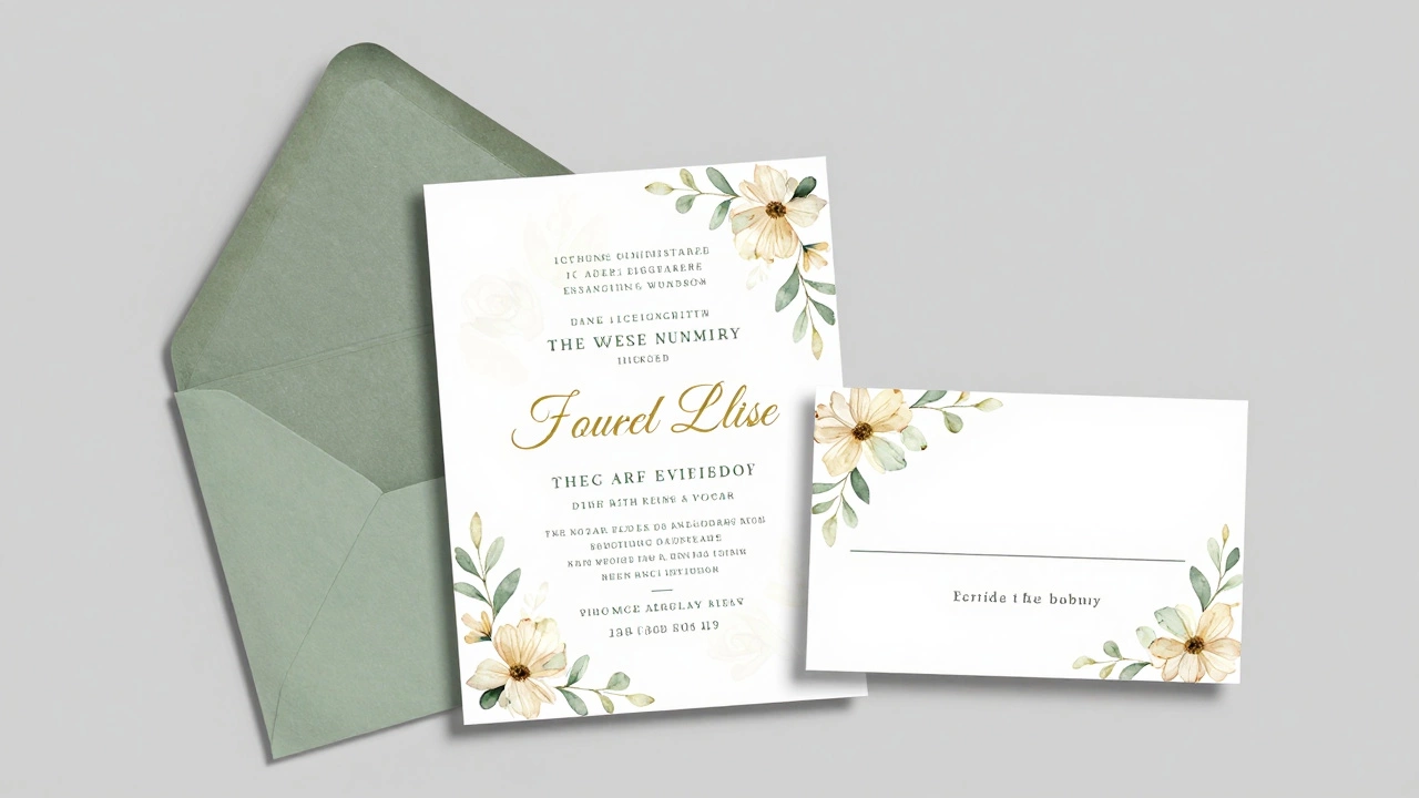 A semi-custom wedding invitation suite with floral designs on matte paper