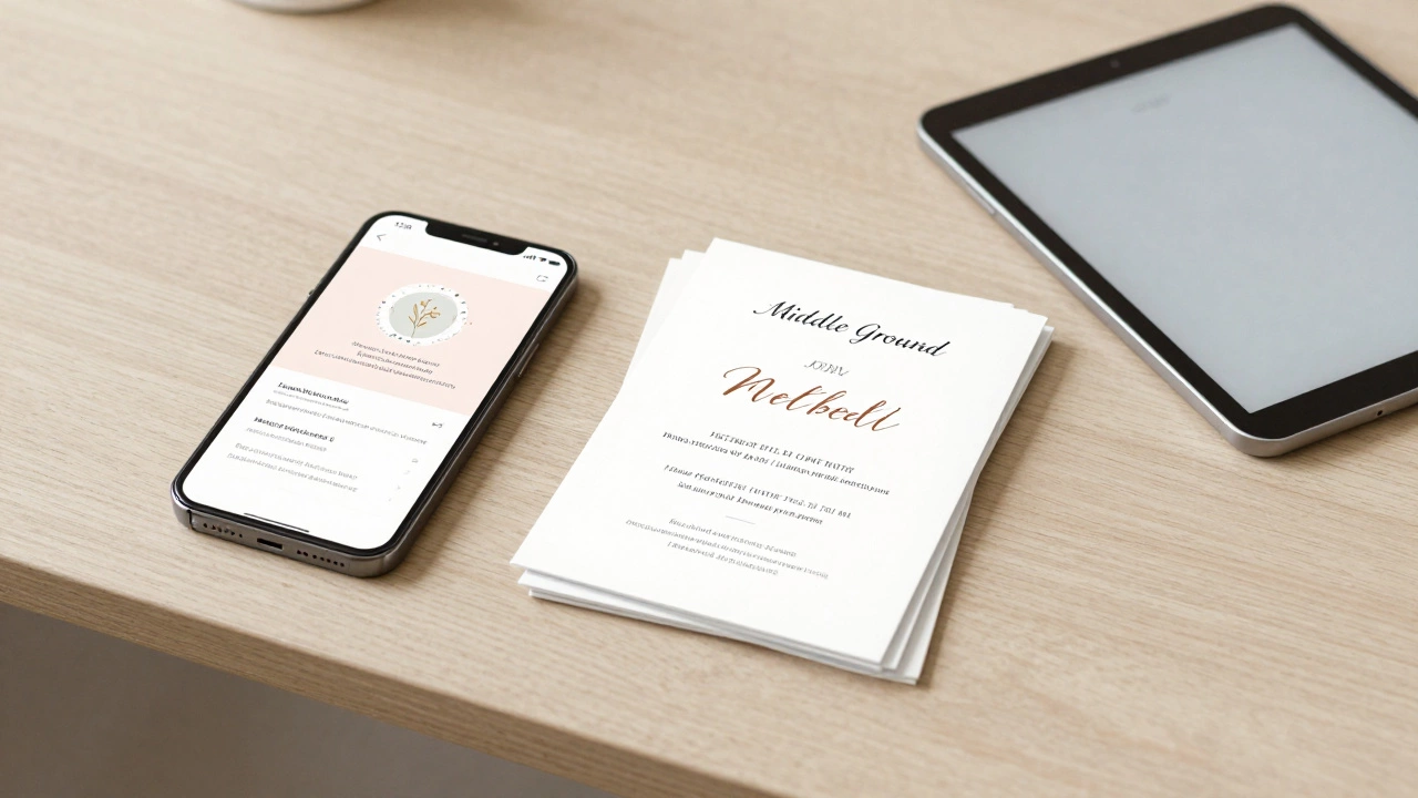 A smartphone and tablet next to a few printed wedding invites on a clean desk.