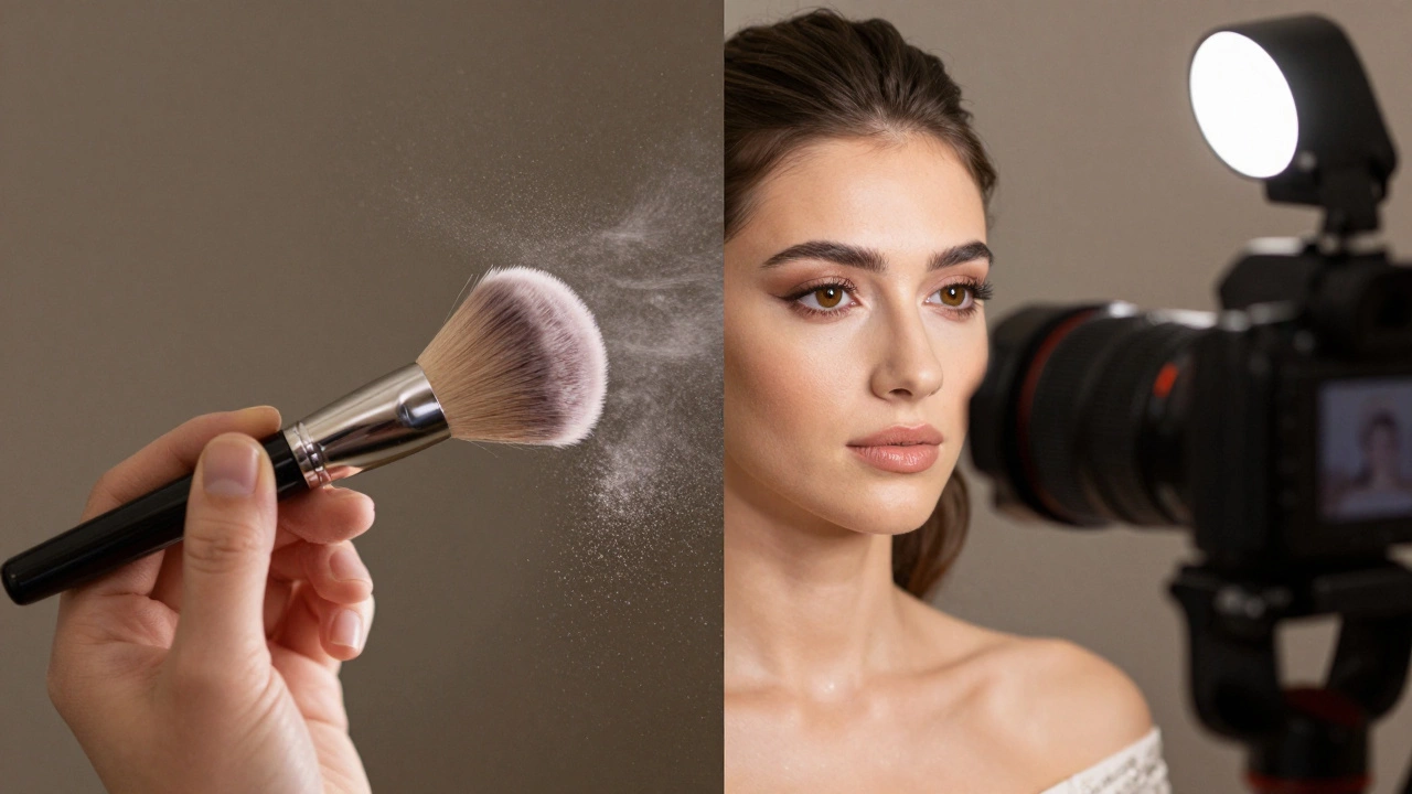 A split view of makeup powder application and a professional camera lens