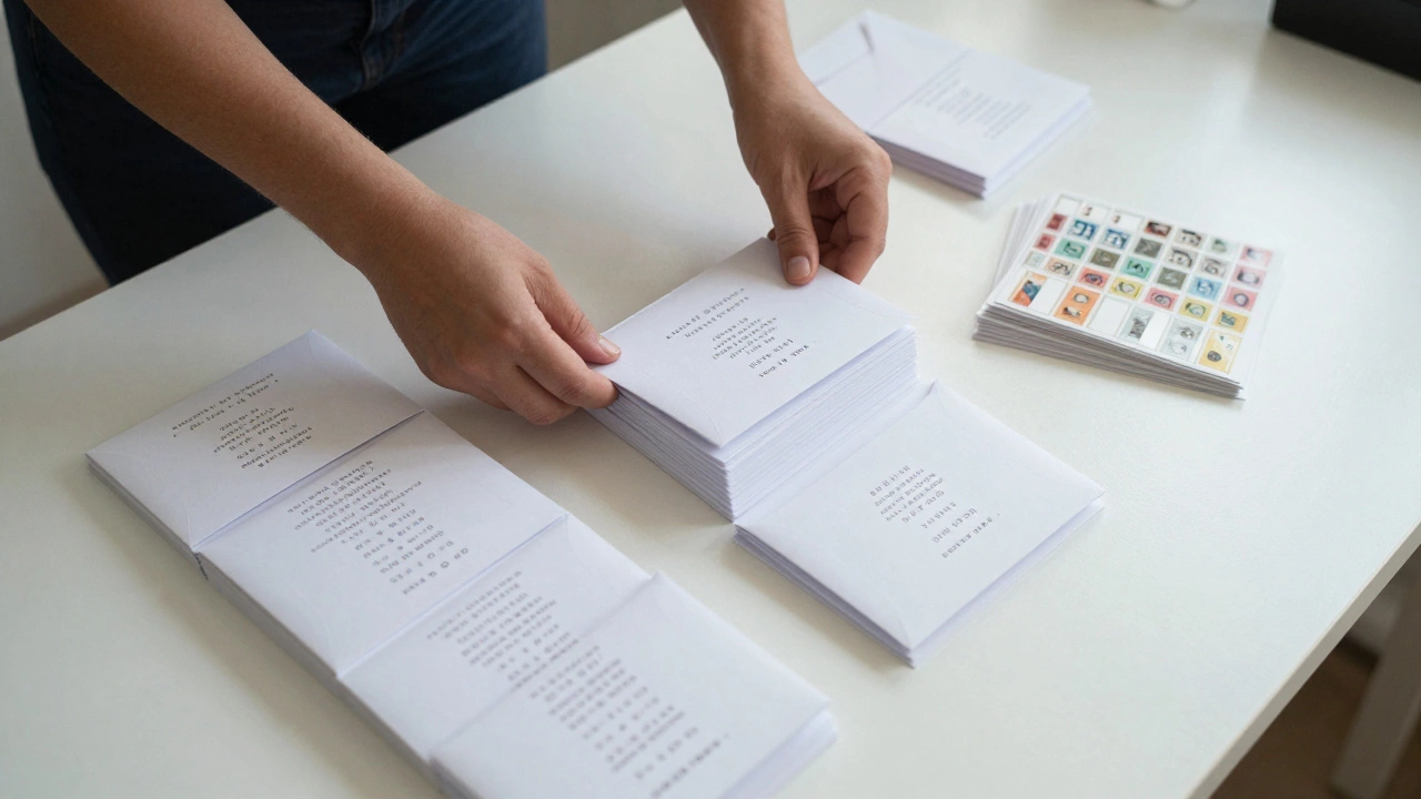 A stack of wedding announcement cards and postage stamps on a desk.